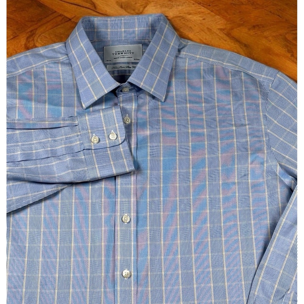 Charles Tyrwhitt Men XXL 2 XL Dress Shirt Size 18/37 Slim Fit Blue Plaid